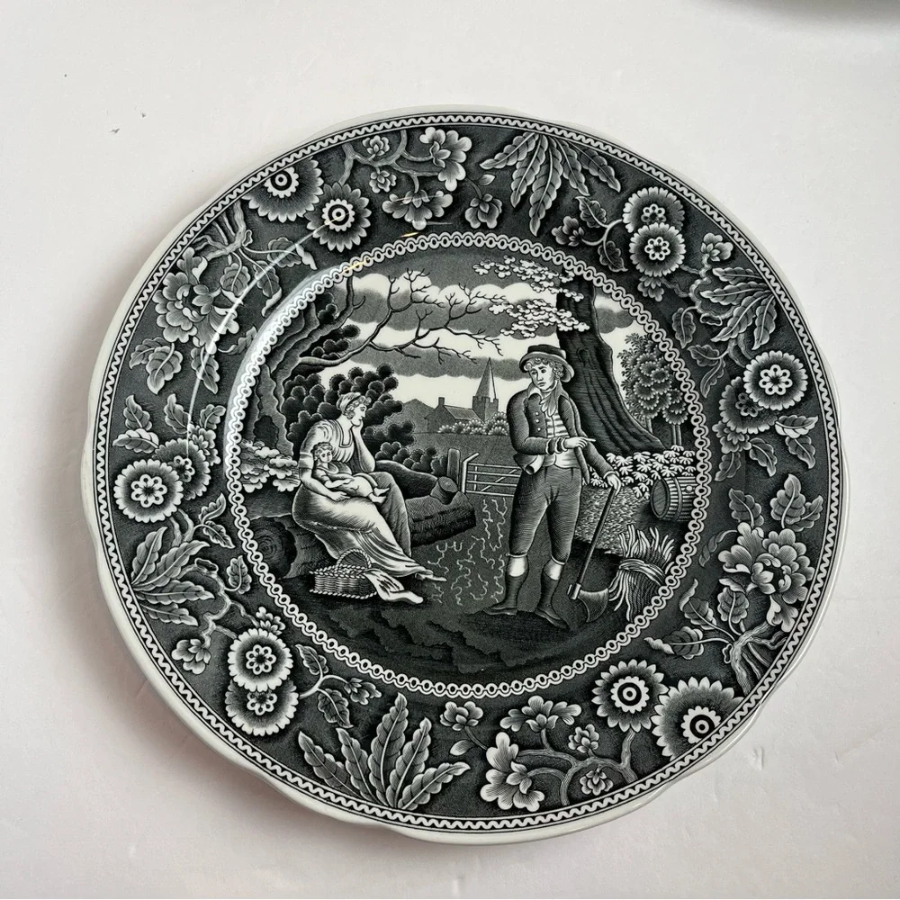 Spode Georgian Series Woodman 10” Dinner Plates Black S3480-W England Set of 4